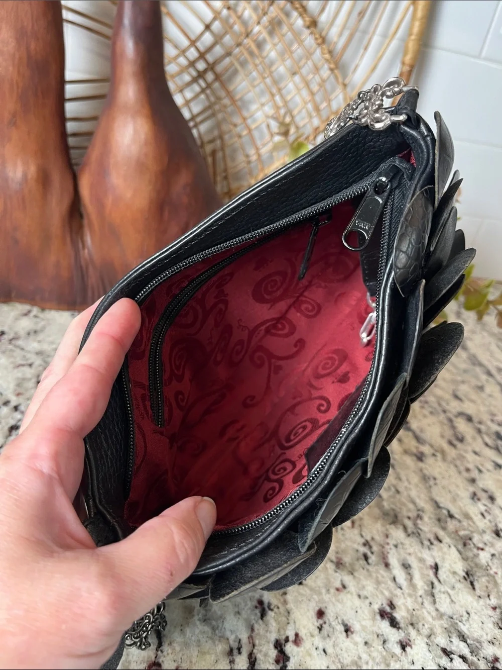 Brighton Black Leather Petal Appliqué Shoulder Bag